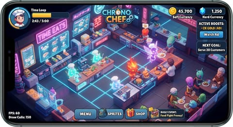 Chrono Chef concept art: fire spirits, robots and ghostly chefs cooking in a neon kitchen